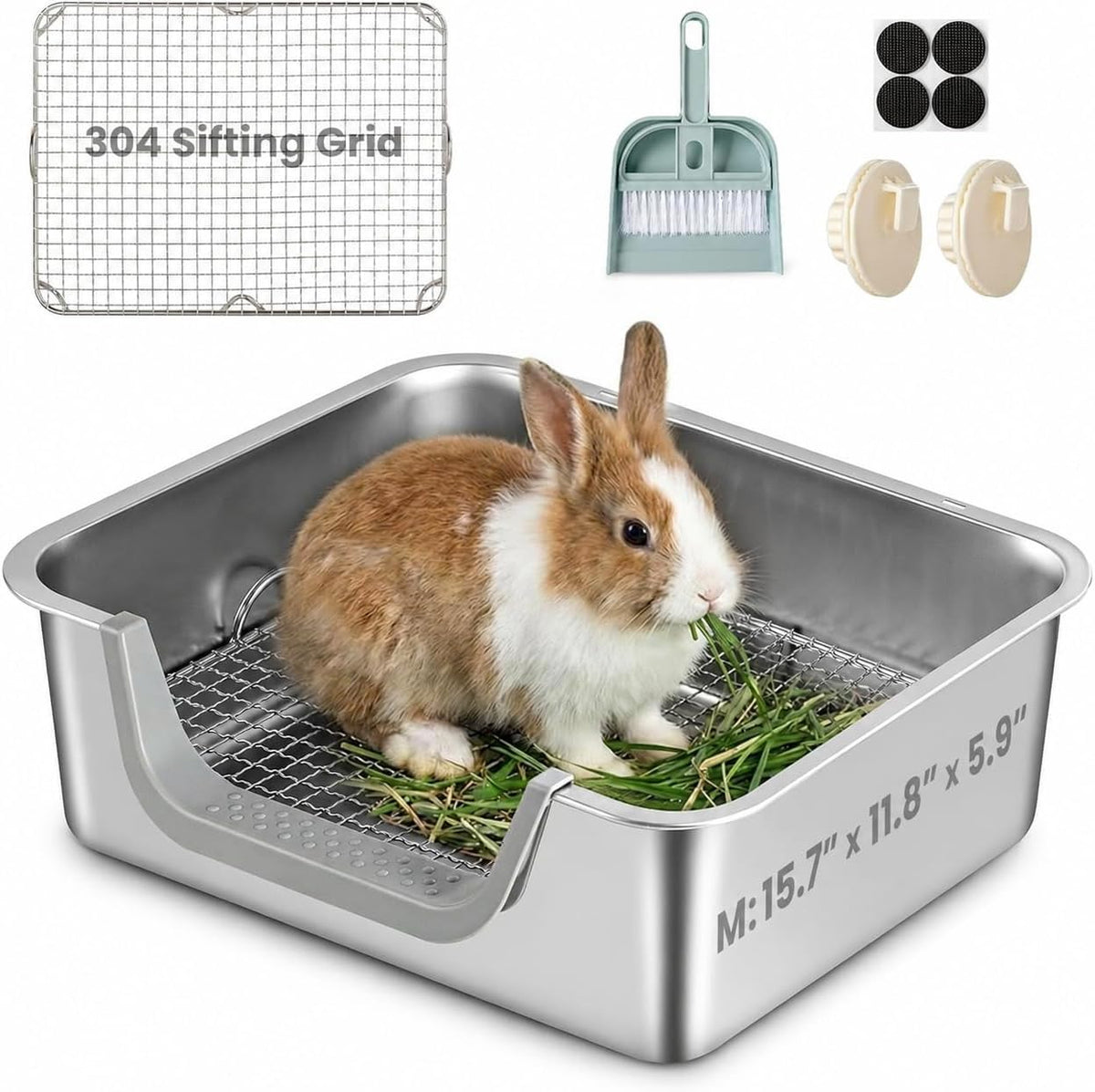 Rabbit Litter Box, Extra Large Bunny Litter Box with 304 Stainless Steel Sifting Grid, Safe Plastic-Covered Entry
