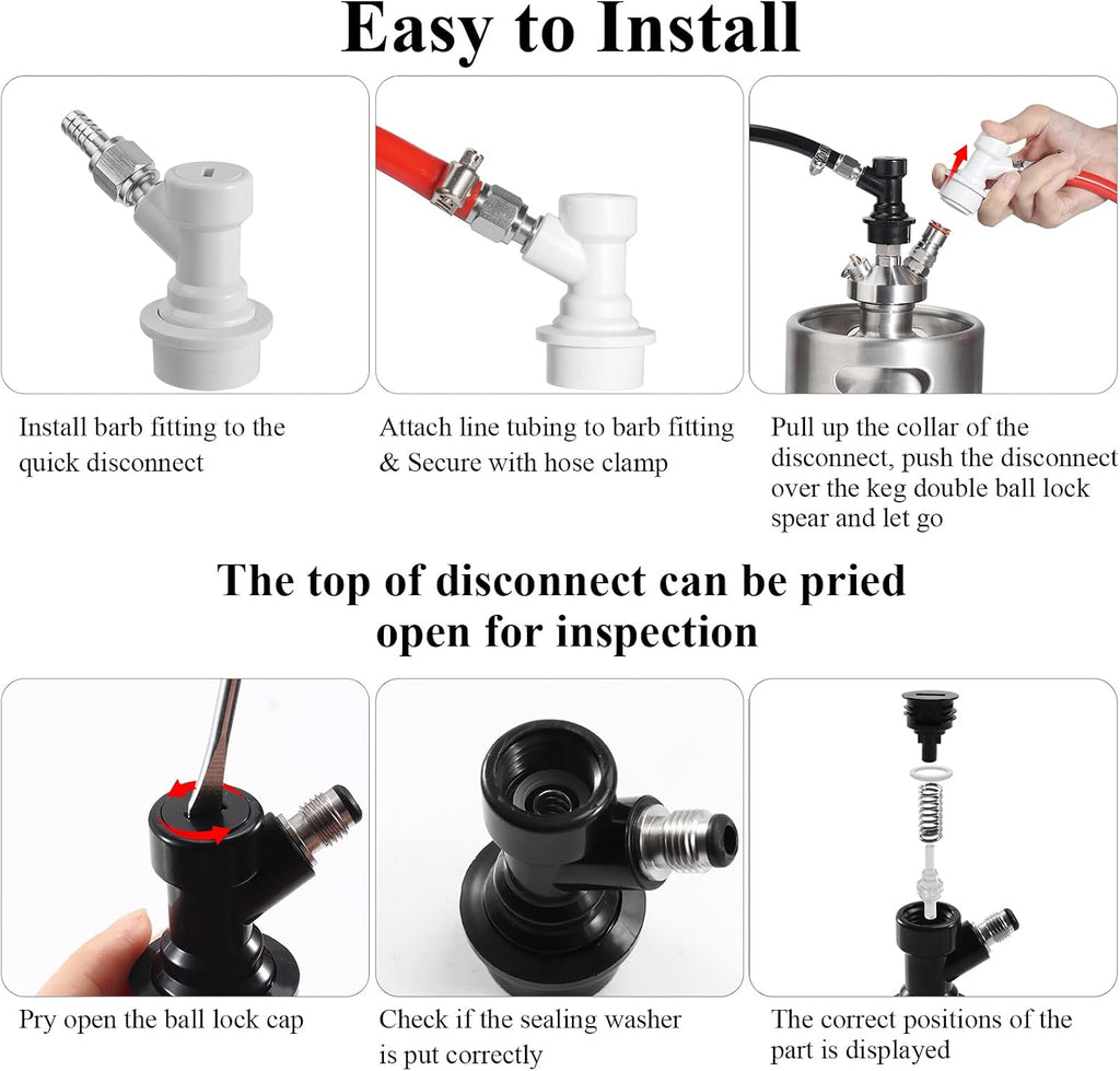 Ball Lock Keg Connectors – 4 Pairs Corny Keg Quick Disconnect Set | No Leakage, 1/4" Beer & 5/16" Gas Barb, 8x Spare