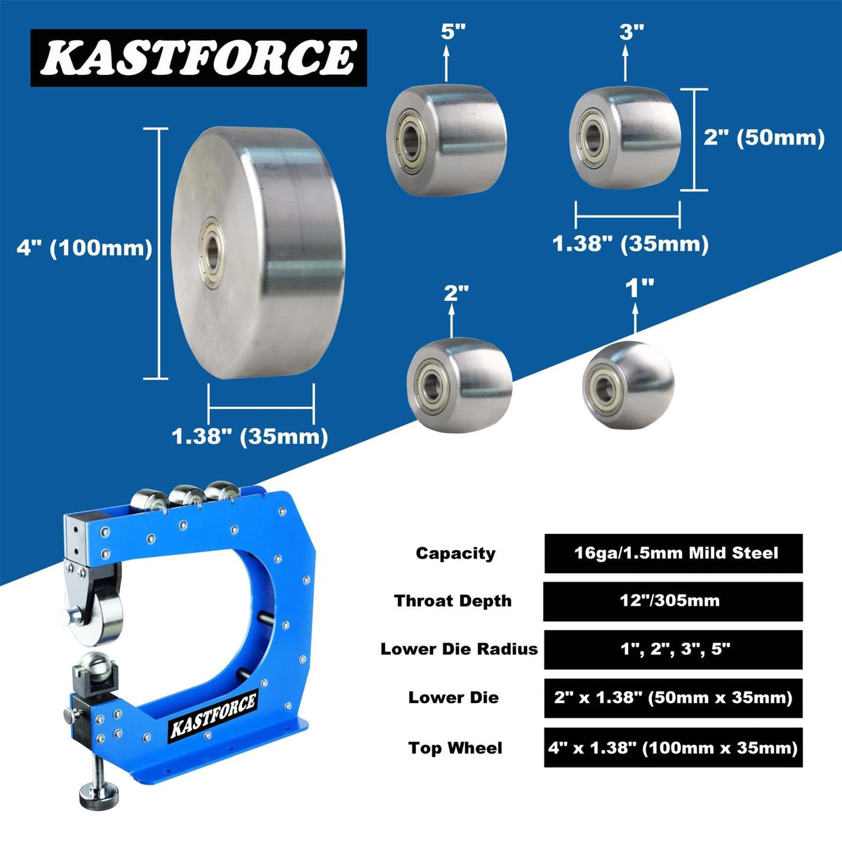KASTFORCE KF5018 Professional Benchtop English Wheel Metal Fabrication Tool 12" 305mm Throat Depth Forms up to 16 Ga 1.5mm Mild Steel, 4 Lower Die with Radius 1", 2", 3", 5", Hardness HRC35