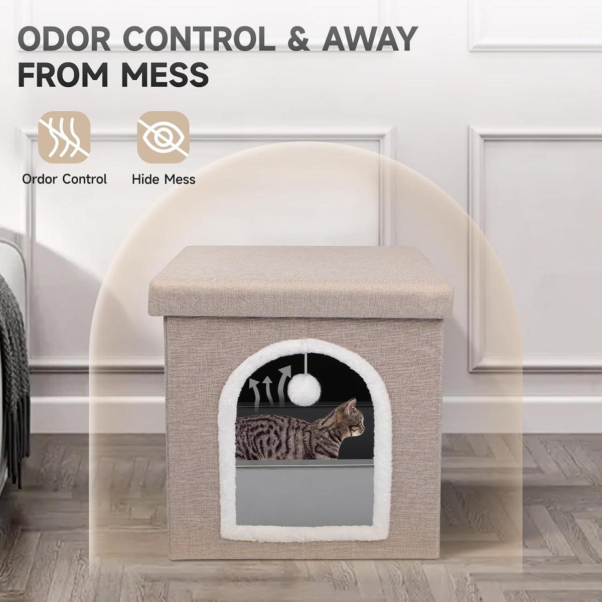 Hidden Cat Litter Box Enclosure with Scratch Pad & Storage Bag Beige