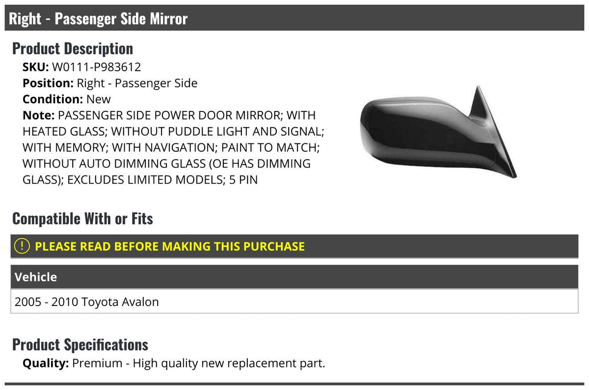 Marketplace Auto Parts - Right Passenger Side Power Mirror - Paint to Match - with Heated Glass - (without Puddle Light, Turn Signal, Auto Dimming Glass) Compatible with 2005-2010 Toyota Avalon