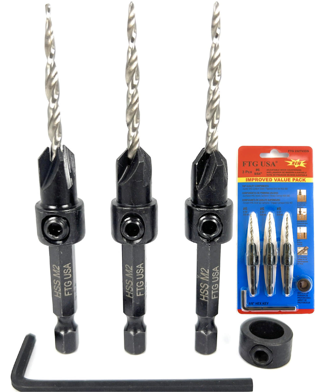 FTG USA 3 Pc #6 (9/64") Countersink Drill Bit Set with Tapered Drill Bits