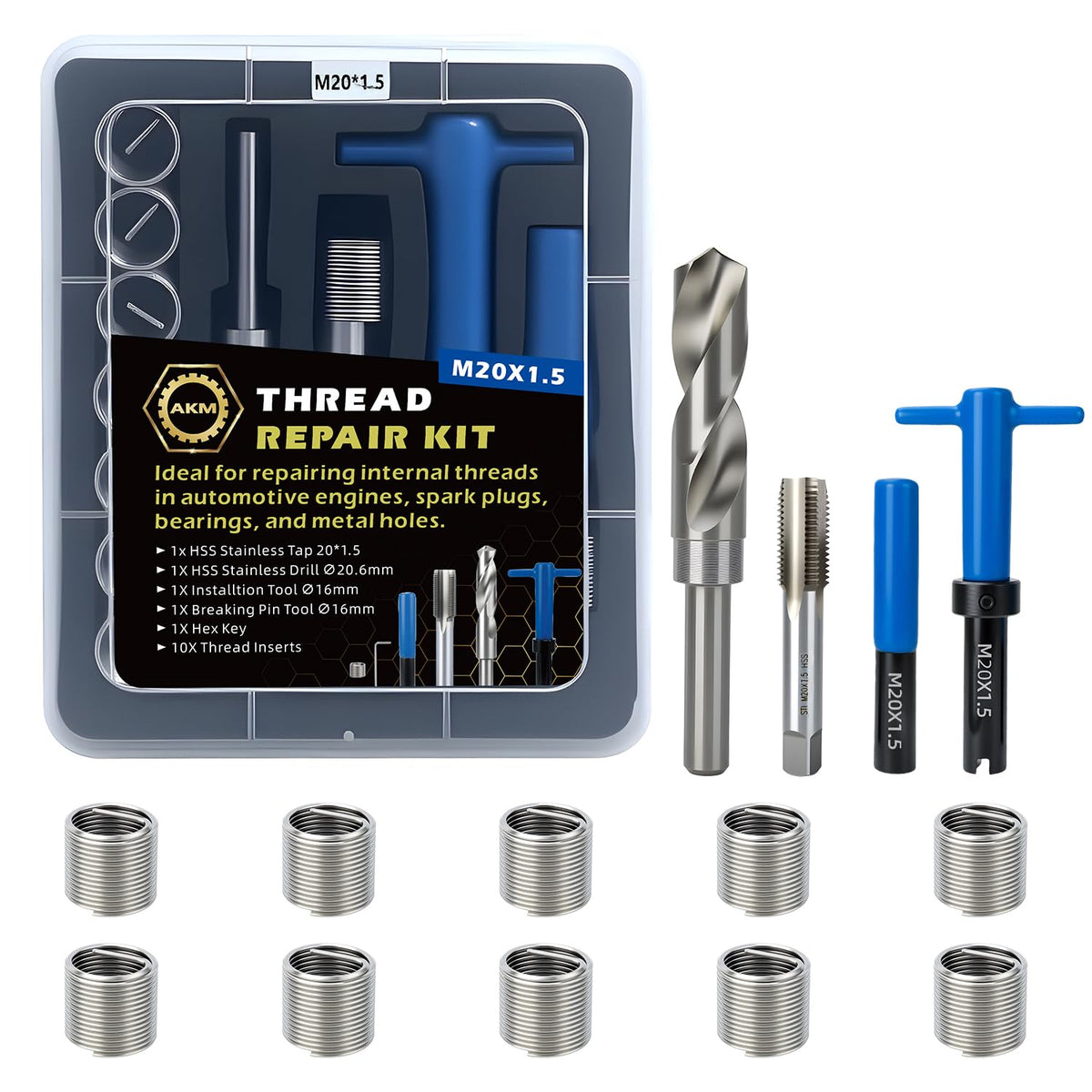 AKM 15PCS M20*1.5 Metric Thread Repair Kit