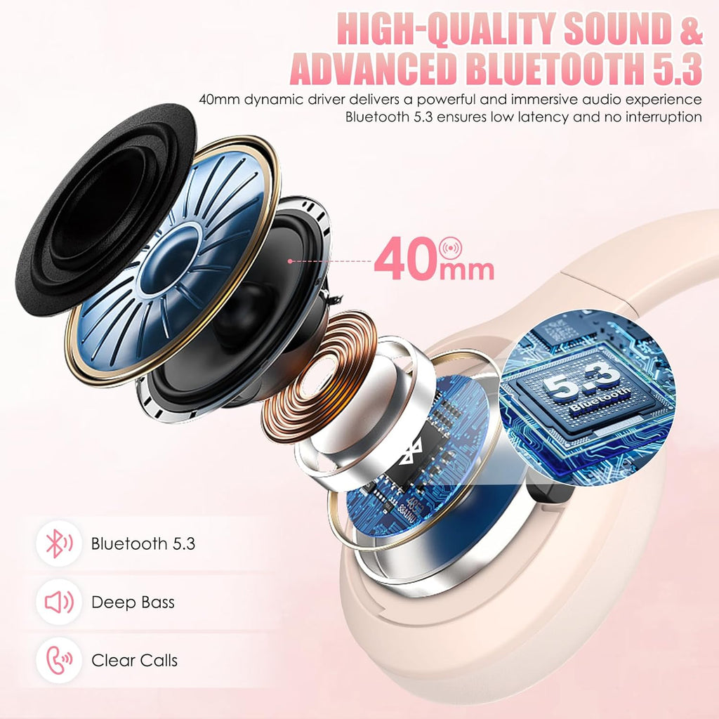 Active Noise Cancelling Headphones, Over-Ear Headphones Pink | Wireless Blutooth Headphones with100H Playtime