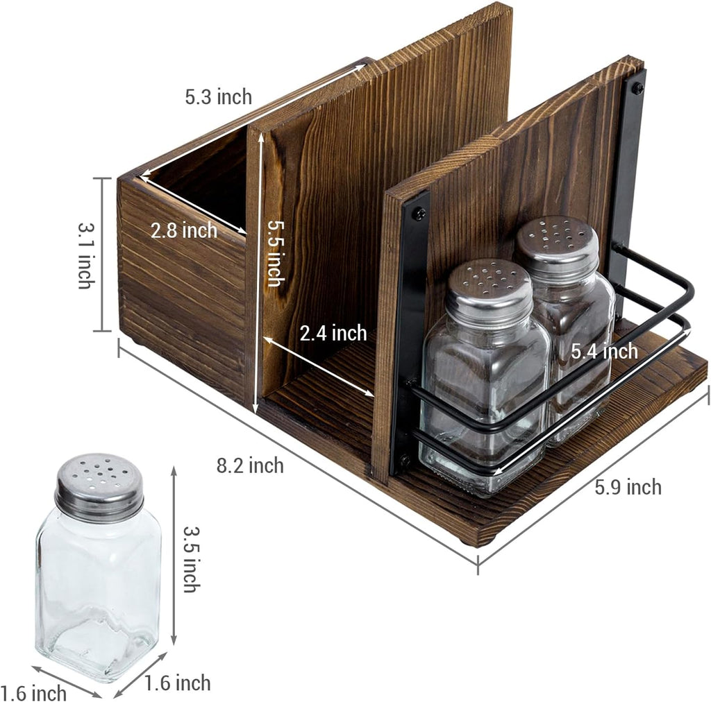 Napkin Holder for Table Rustic Burnt Solid Wood Tabletop Napkin Holder and Condiment Server Dining Caddy with 3 Salt