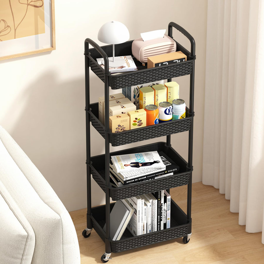 4-Tier Plastic Rolling Utility Cart with Handle, Black