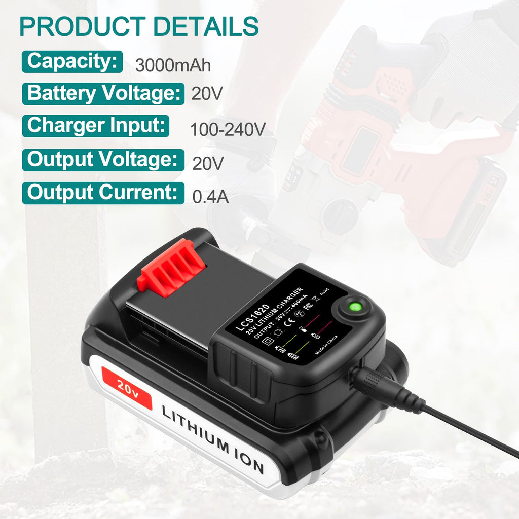 20V Lithium Battery and Charger Replacement for Black+Decker 20V MAX Lithium Ion Battery + Charger LBXR20 LB20 LBX20