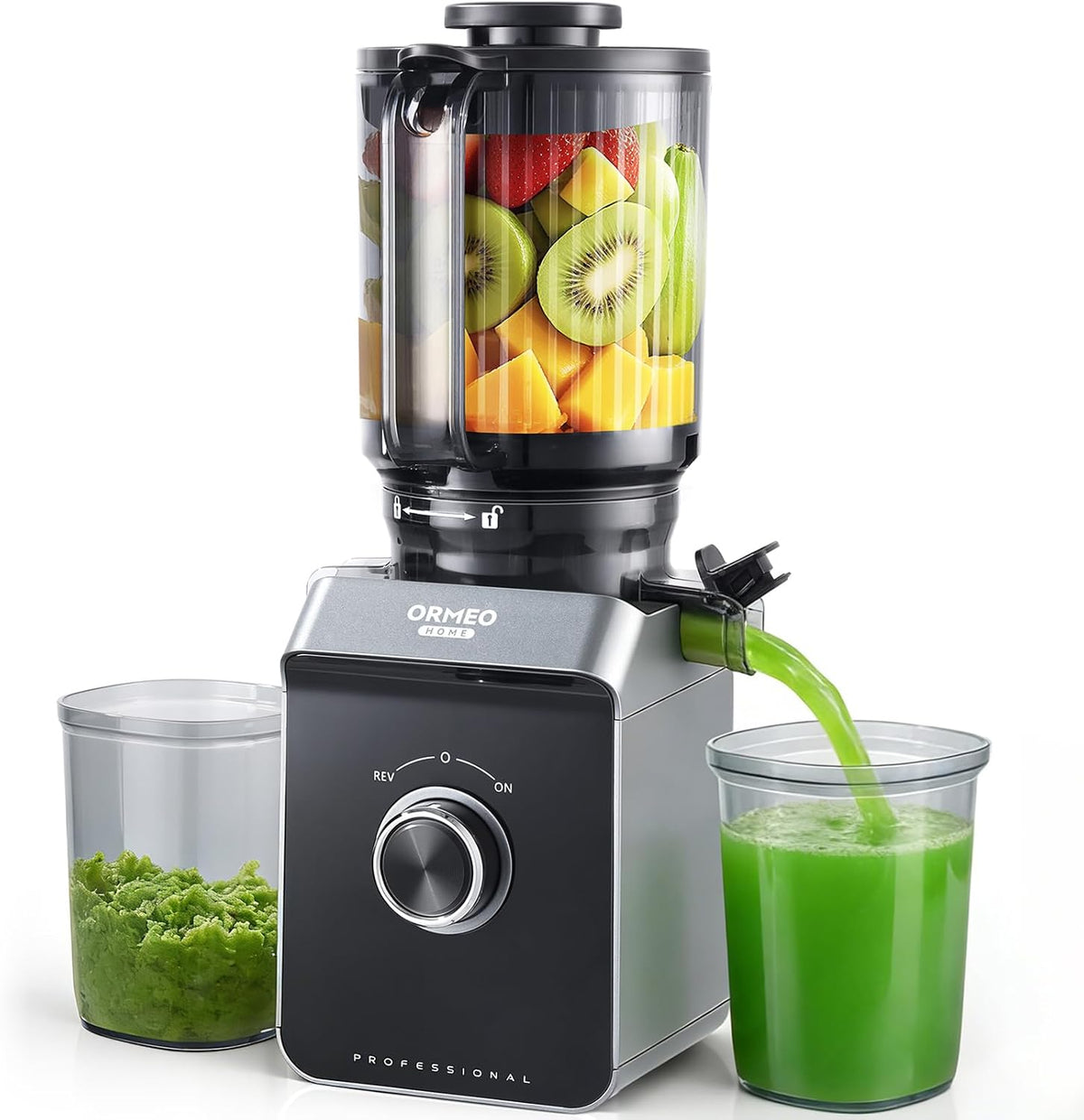 Cold Press Juicer, ORMEO HOME Masticating Juicer Machines with 5.5" Large Feed Chute Fit Whole Vegetables & Fruits