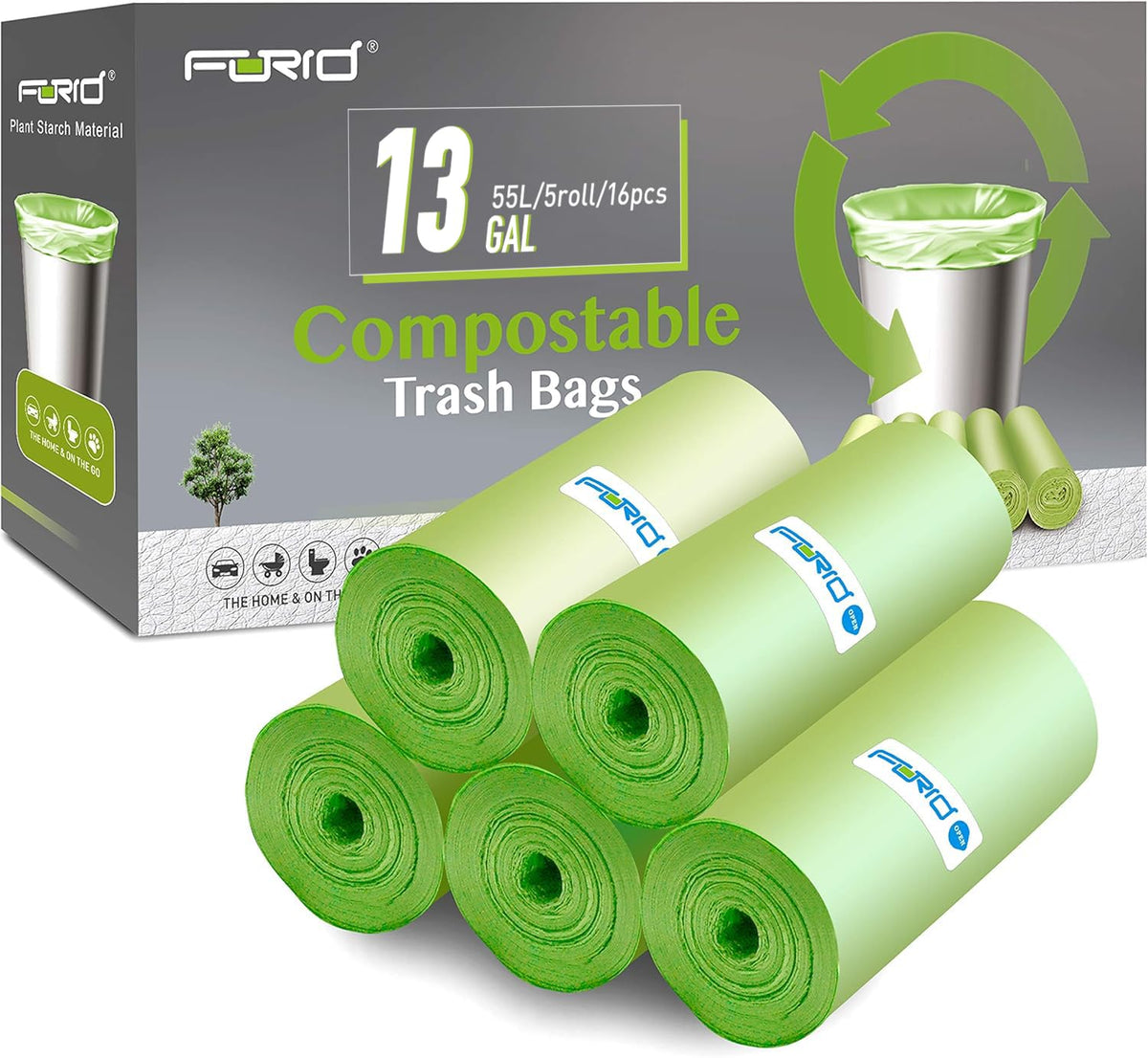 Compostable Trash Bags 13 Gallon Garbage Bags, Unscented, 80 Count