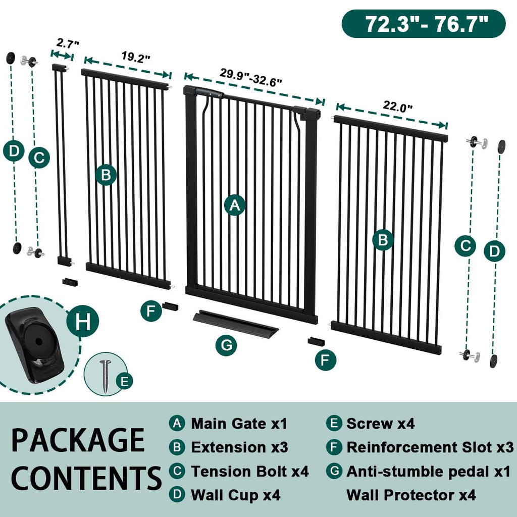 40.5" x 72.3-76.7" Extra-Tall & Extra-Wide Adjustable Hardware/Pressure-Mounted Pet & Child Safety Gate with Dual-Lock Walk-Through Swing Door for Stairs, Hallways & Wide Doorways
