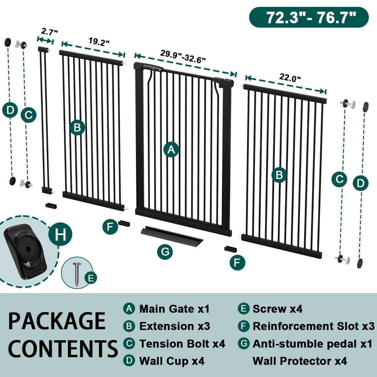 40.5" x 72.3-76.7" Extra-Tall & Extra-Wide Adjustable Hardware/Pressure-Mounted Pet & Child Safety Gate with Dual-Lock Walk-Through Swing Door for Stairs, Hallways & Wide Doorways