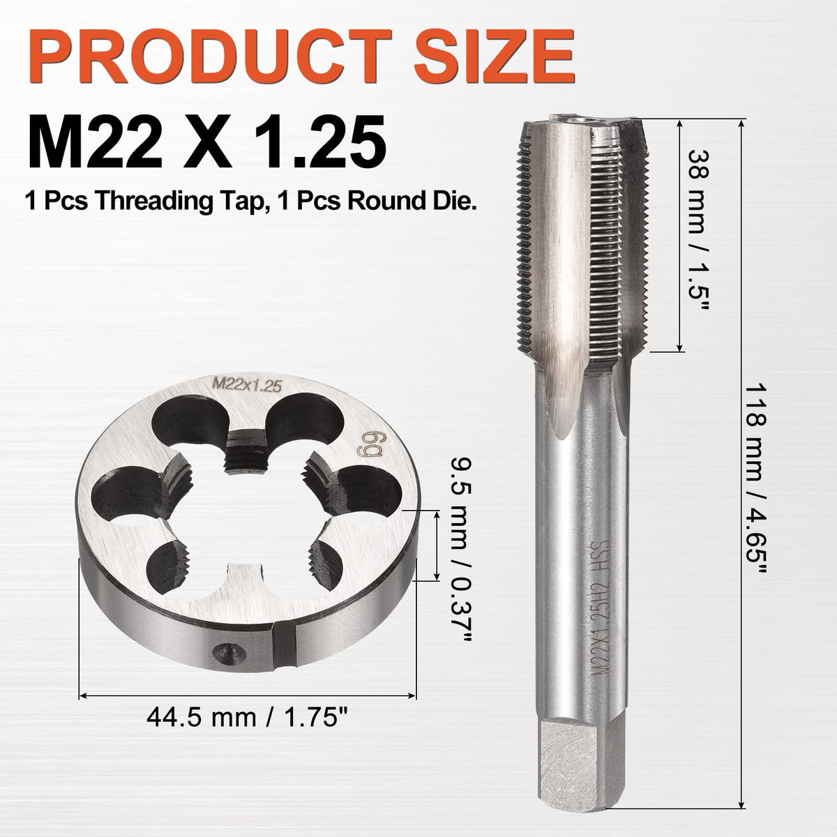 Workkyma M22x1.25 Tap and Die Set Metric M2 HSS Right Hand Threading Tool
