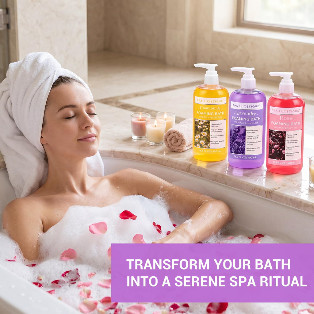 Bubble Bath, Foaming Bath with Epsom Salt, Chamomile Rose and Lavender Scent Bathing Set, 3 Pack 49.8 fl oz Mothers