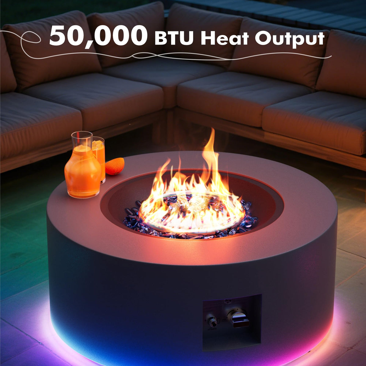 30" Round Outdoor Propane Fire Pit Table with LED for Outside Patio