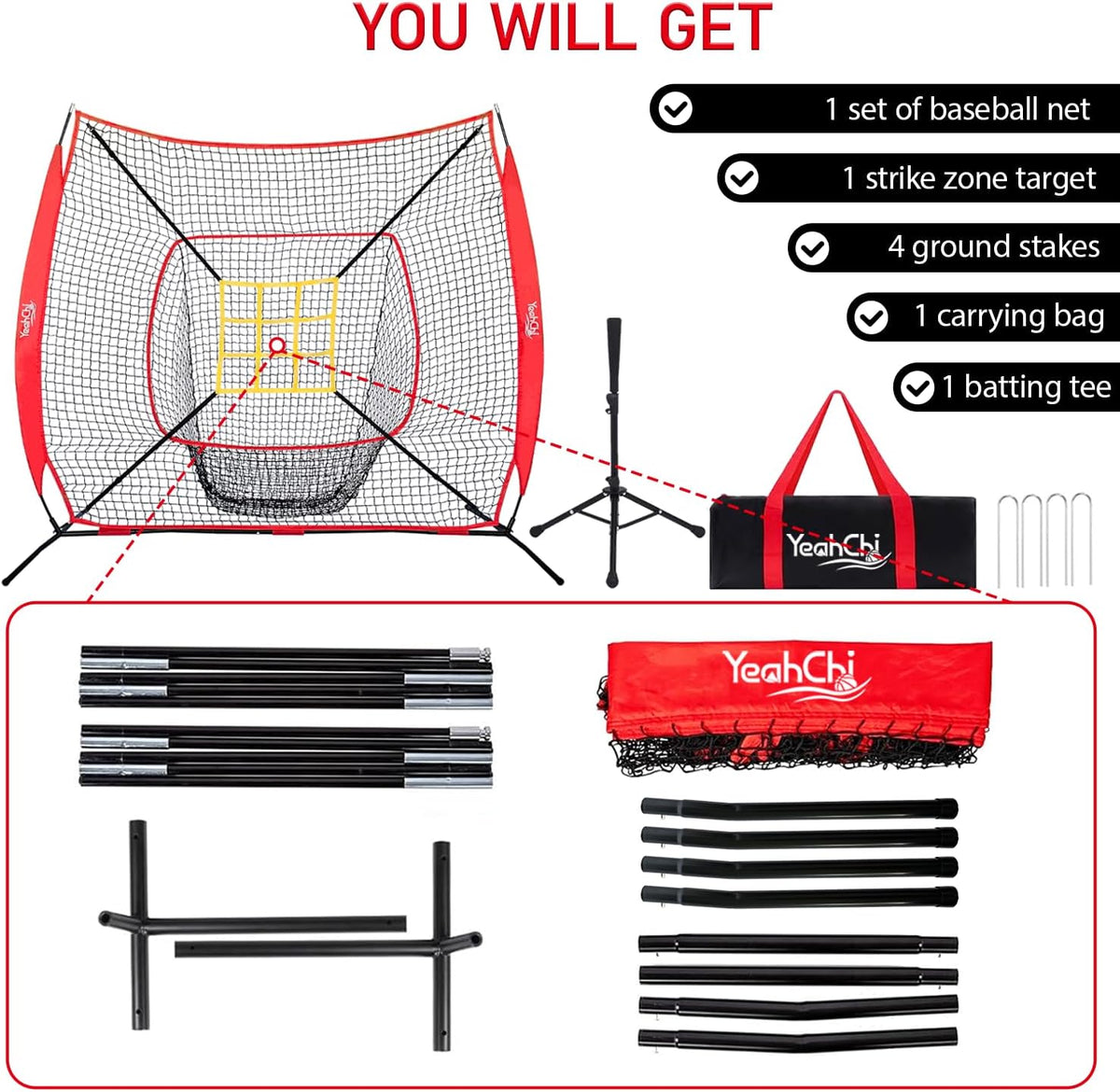 7x7 Ft Baseball and Softball Training Net with Batting Tee, Strike Zone Target, Portable Hitting and Pitching