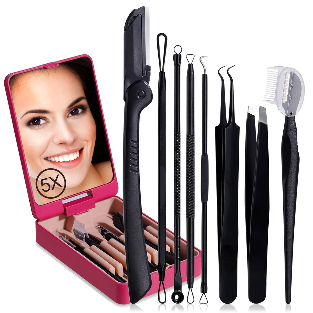 Blackhead Remover Tool Comedones Extractor Acne Removal kit & Eyebrow Trimmer Kit, 8PCS in One with 5X Magnifying