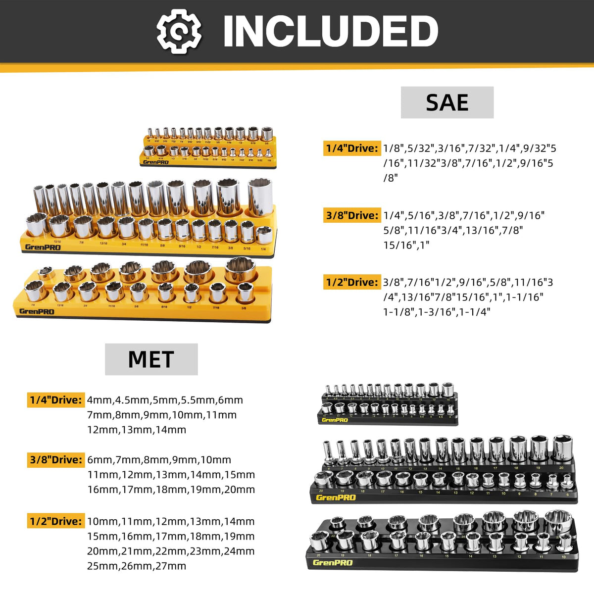 Magnetic Socket Organizer Set, 6PCS 1/4 3/8 1/2 SAE & Metric