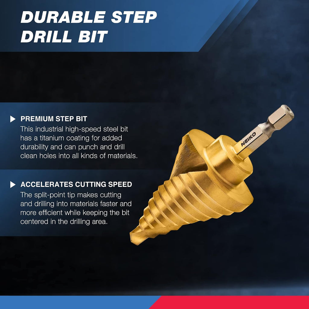NEIKO 10174A Step Drill Bit, 10 Steps 1/4" to 1-3/8" Straight High Speed Steel, Titanium Nitride Coated, 1/4" Quick Change Step Bits for Steel, Metal, Wood, Plastic, Unibit Cone Drill Bits, Two Flute