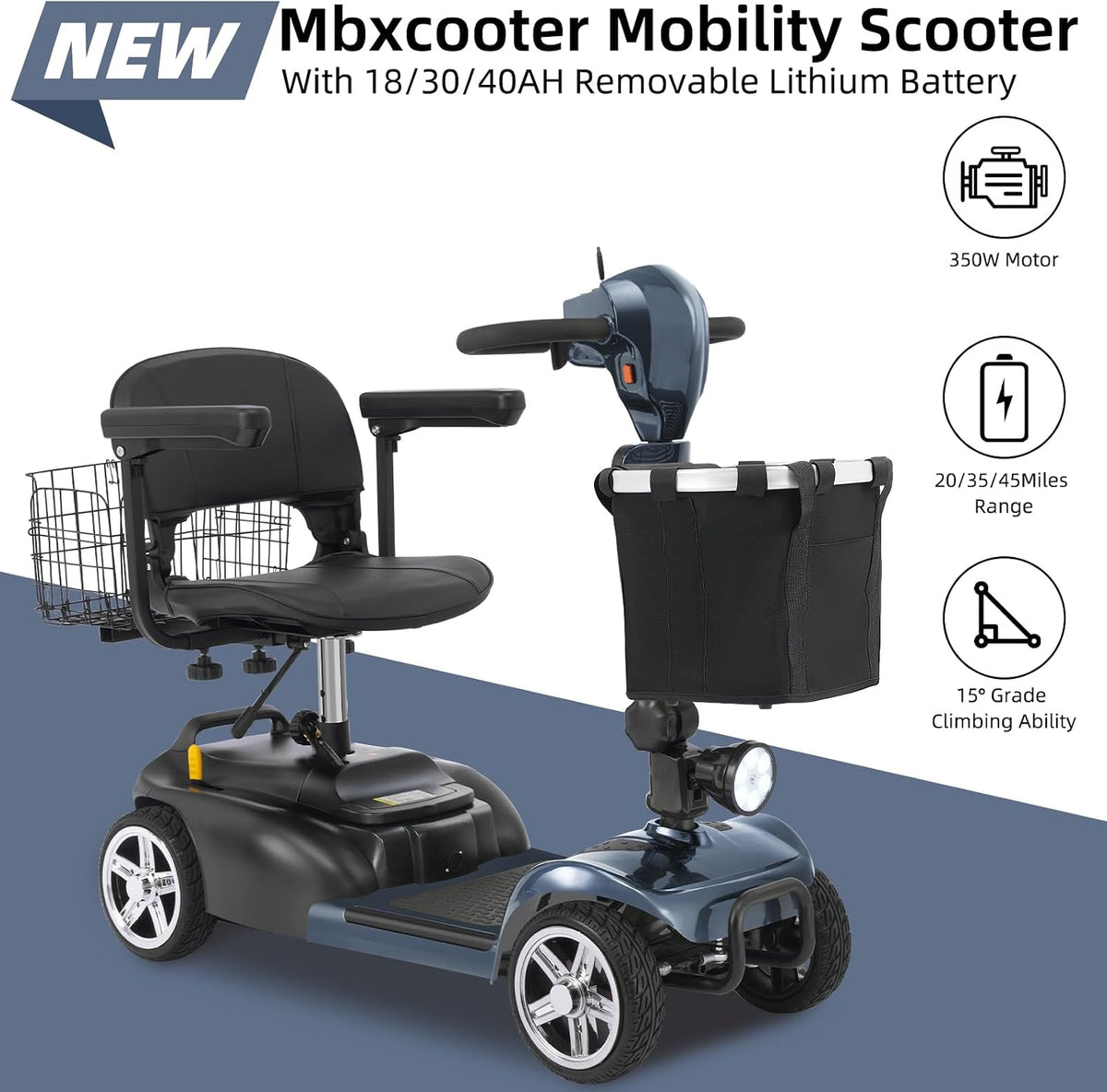 20 Miles 4 Wheels Mobility Scooter for Seniors/Adults Up to 300LBS,350W Electric Wheelchair Detachable Lithium