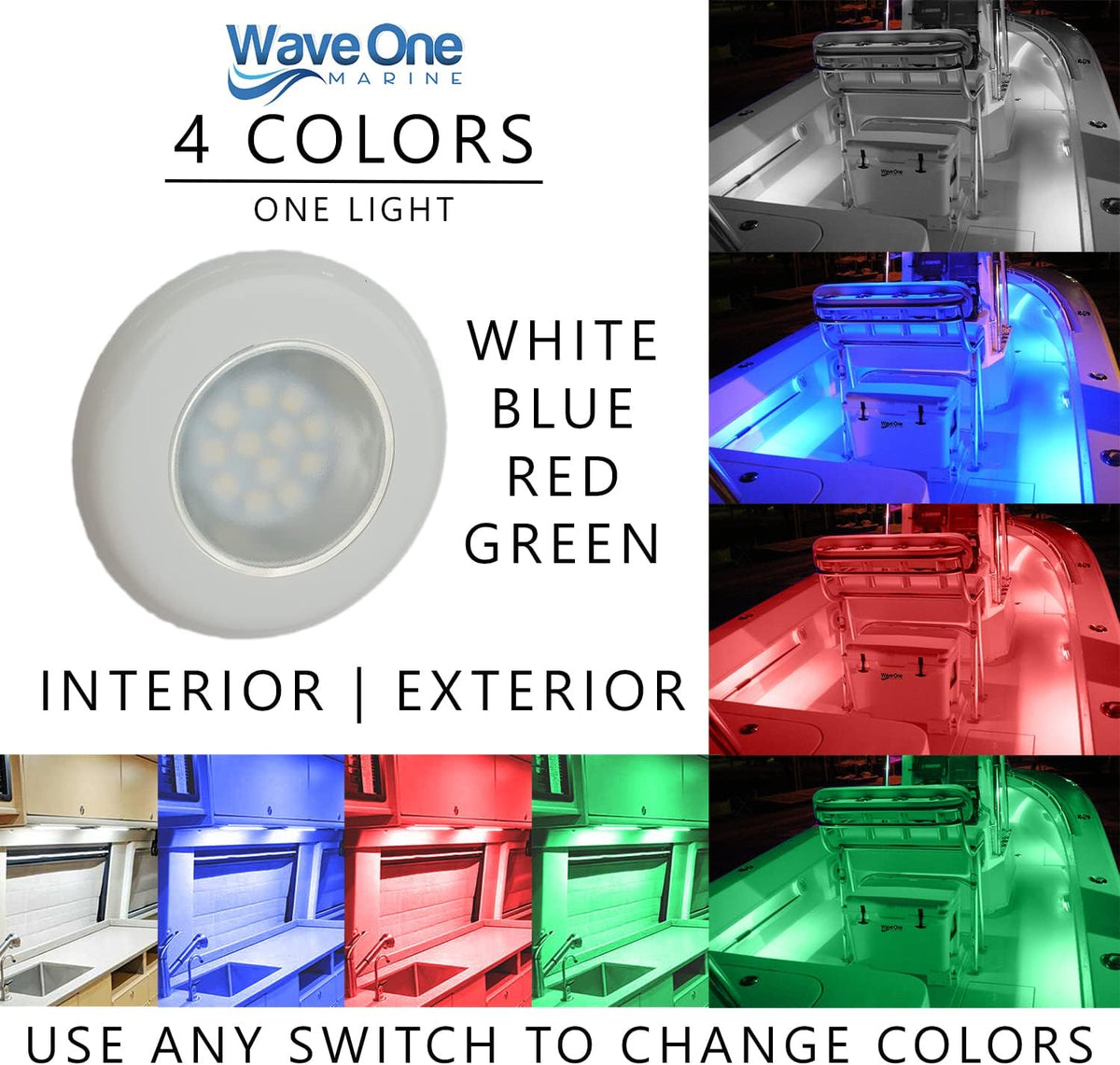 Wave One Marine Flush Mount 3" RGBW Internal Driver LED Courtesy Boat Light | RV Accent | Interior Exterior Deck Transom Cockpit T Top | Waterproof IP67 (White Bezel)