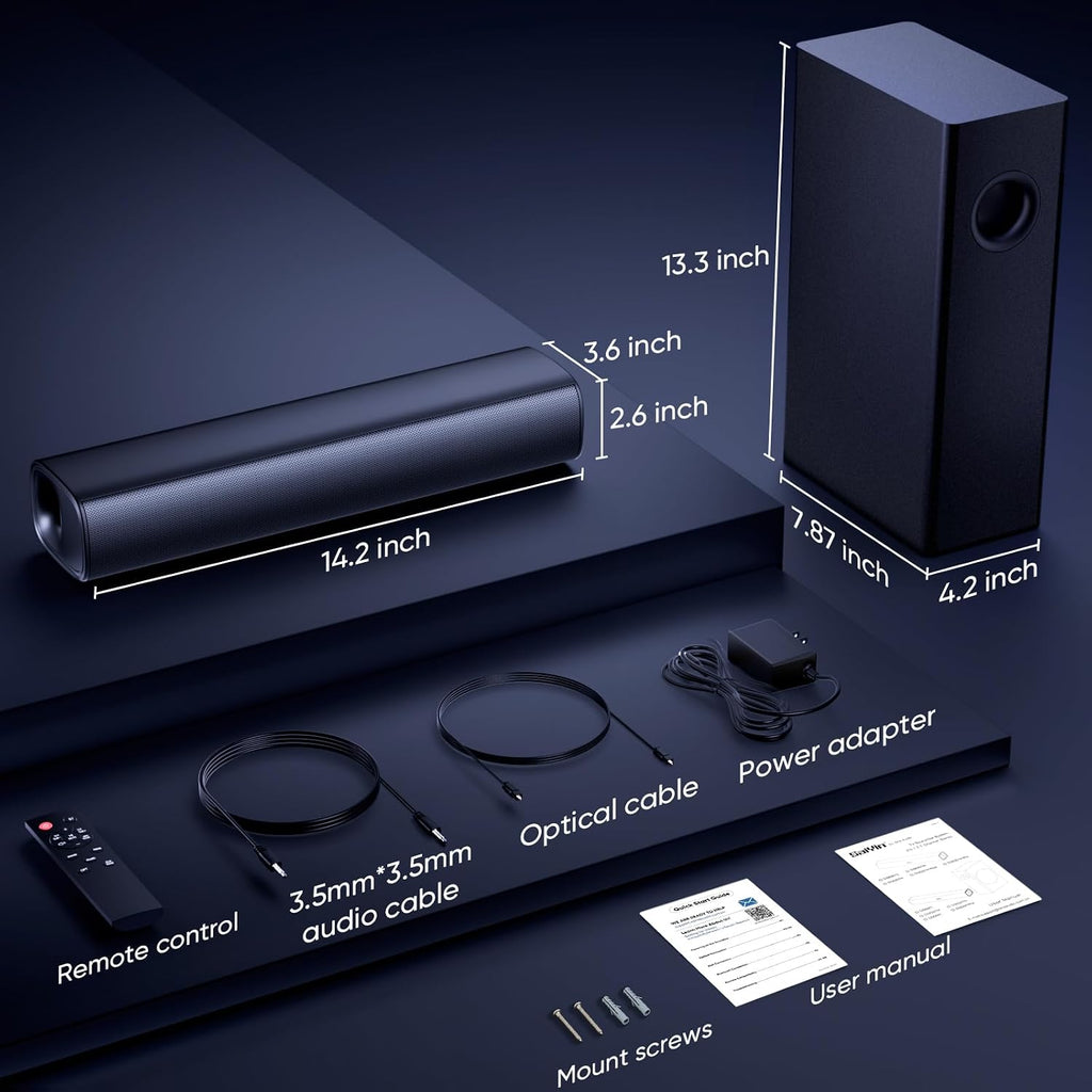 Soundbar with Subwoofer, 14.2" Compact Soundbar, 4" Subwoofer, 70W | 2.1 Audio Enhanced Surround Sound System for TV