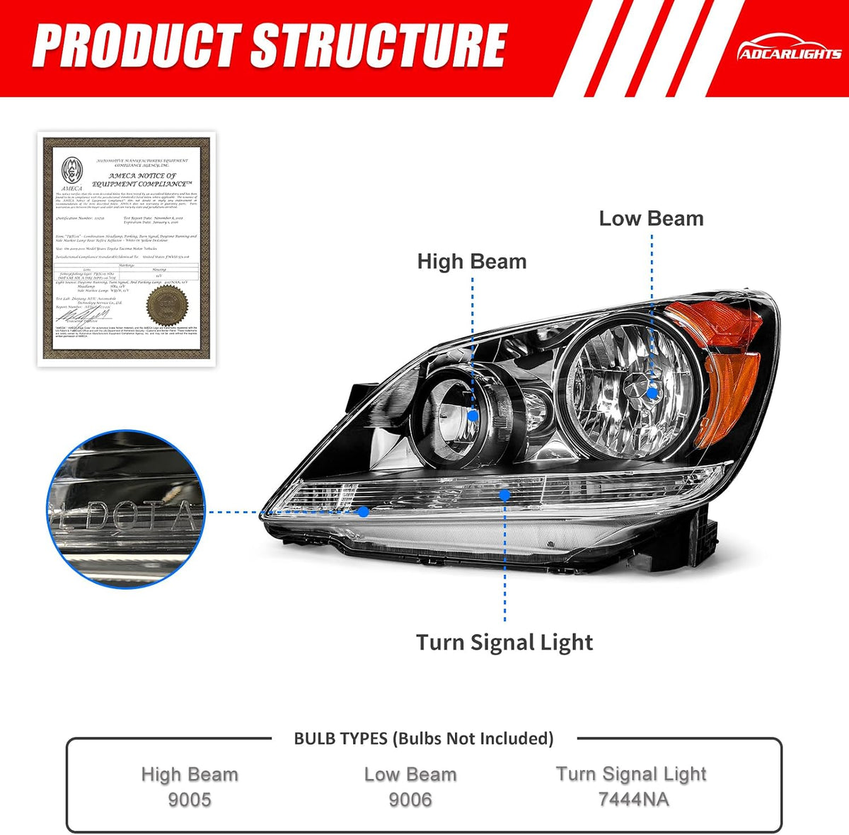 Headlight Assembly for Honda Odyssey 2005 2006 2007 Black Housing Amber Reflector Headlamp Replacement Pair（W/O Bulbs）