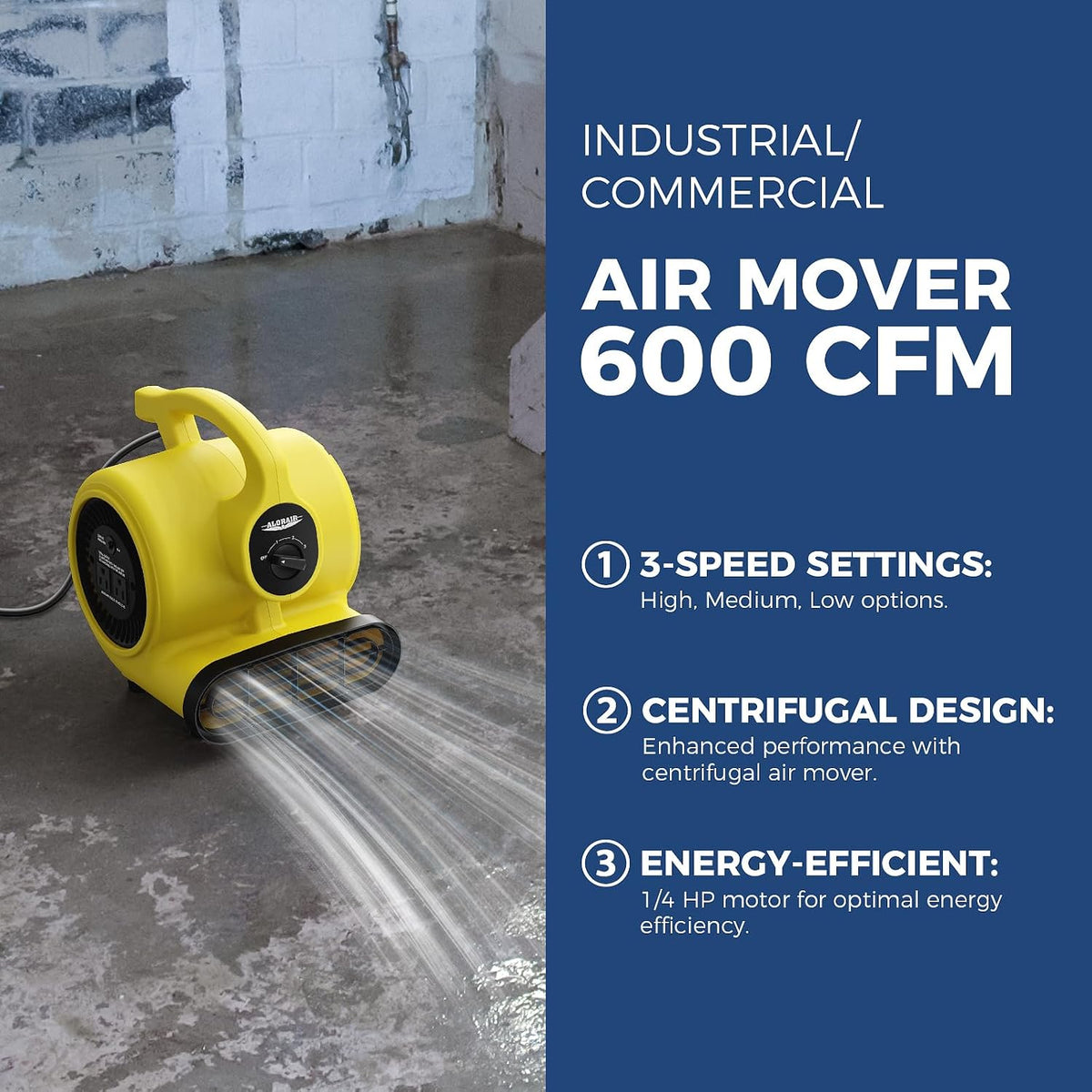 3 Speed Air Mover Blower Fan 115W 600CFM Utility Floor Fan - Yellow | Centrifugal Blower Fan with 5-Angle Airflow