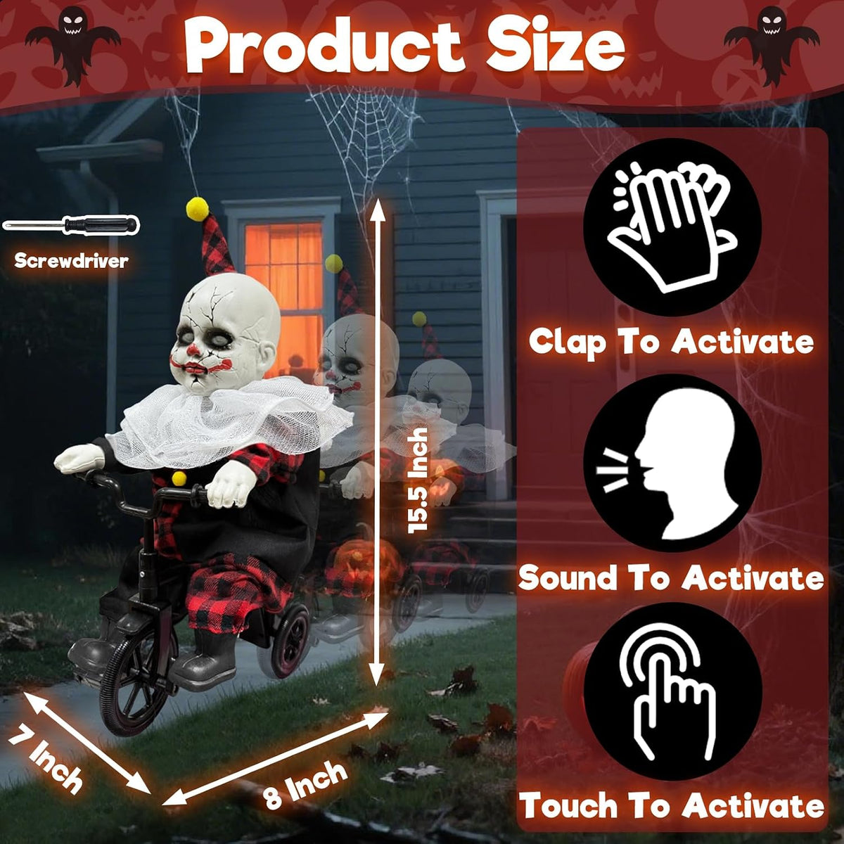 [Moving Back and Forth] Halloween Animatronic 15.5” Clown Ride on Bicycle, Sound Activated Spooky Talking Halloween