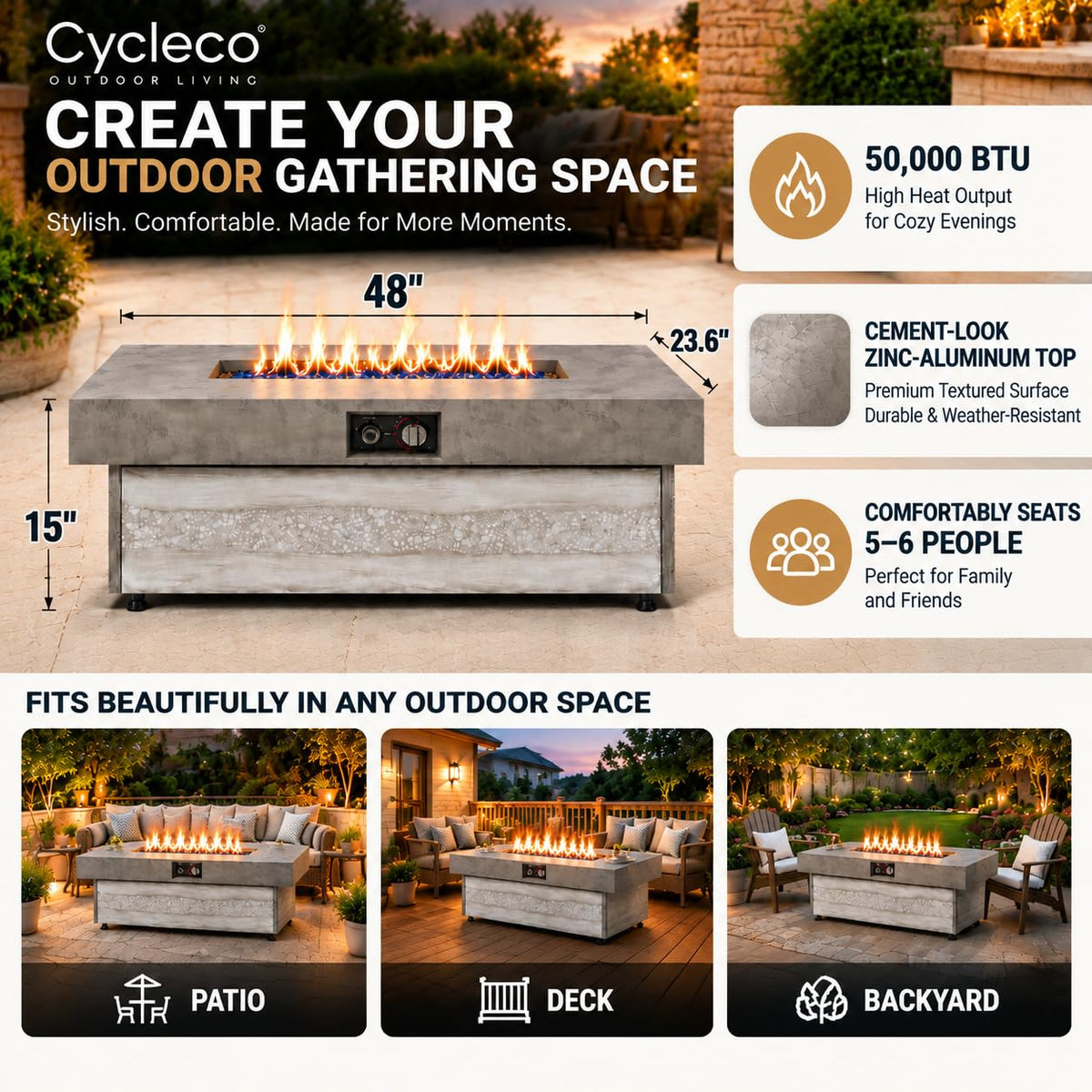 48 Inch Rectangular Outdoor Propane Gas Fire Pit Table, 50,000 BTU