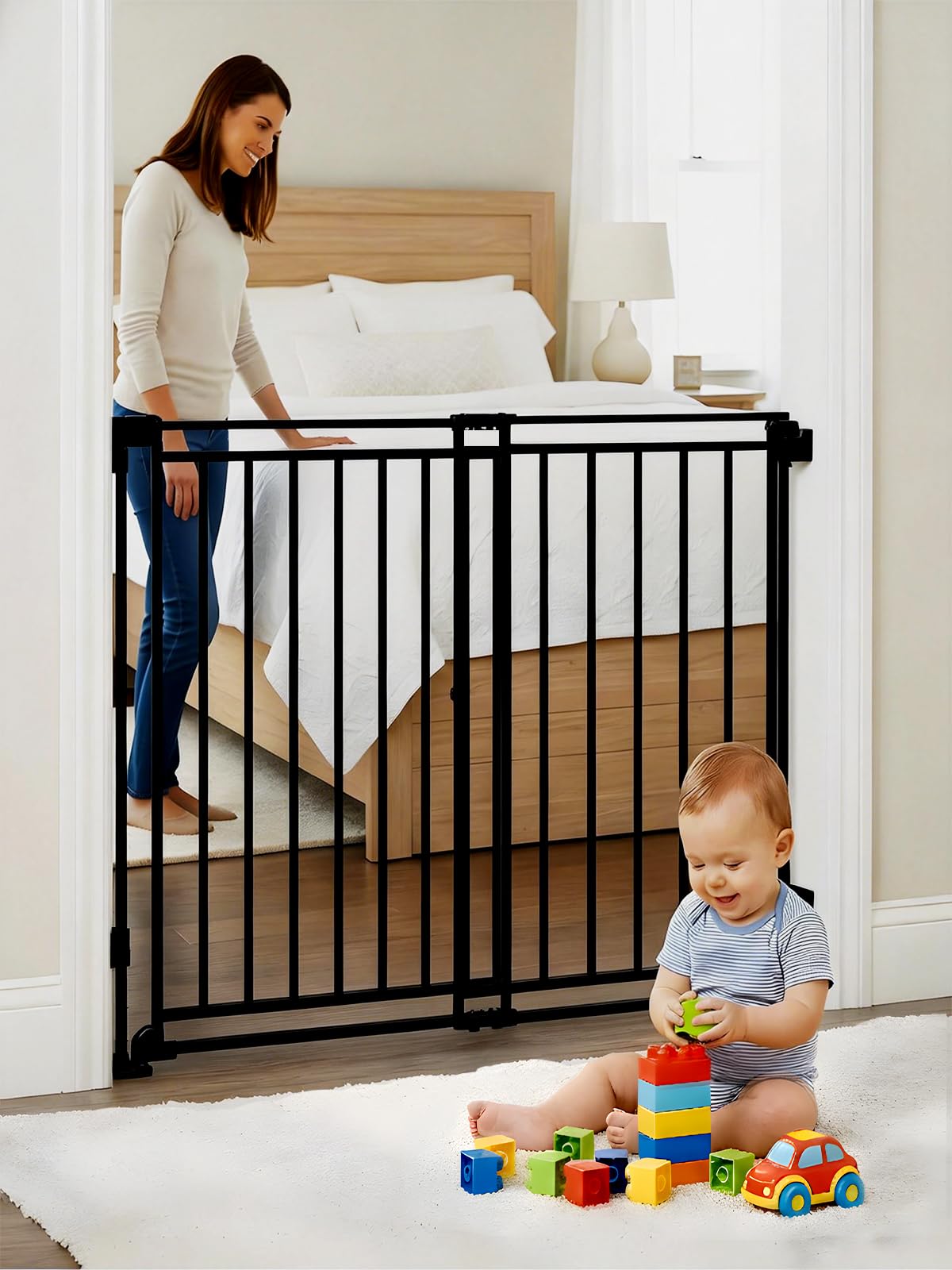 39" H x 32-54" W Extra-Tall & Extra-Wide Adjustable Hardware/Pressure-Mounted Pet & Child Safety Gate with Dual-Lock Walk-Through Swing Door for Stairs, Hallways & Wide Doorways — Black