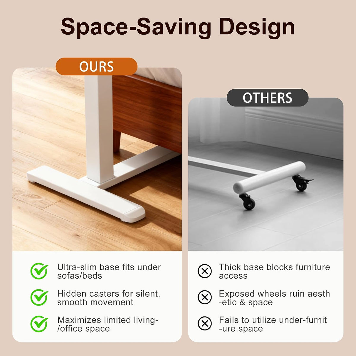 Overbed Table with Pneumatic Height Adjustment, Hidden Casters Rolling Bedside Table, Hospital Bed Table Mobile