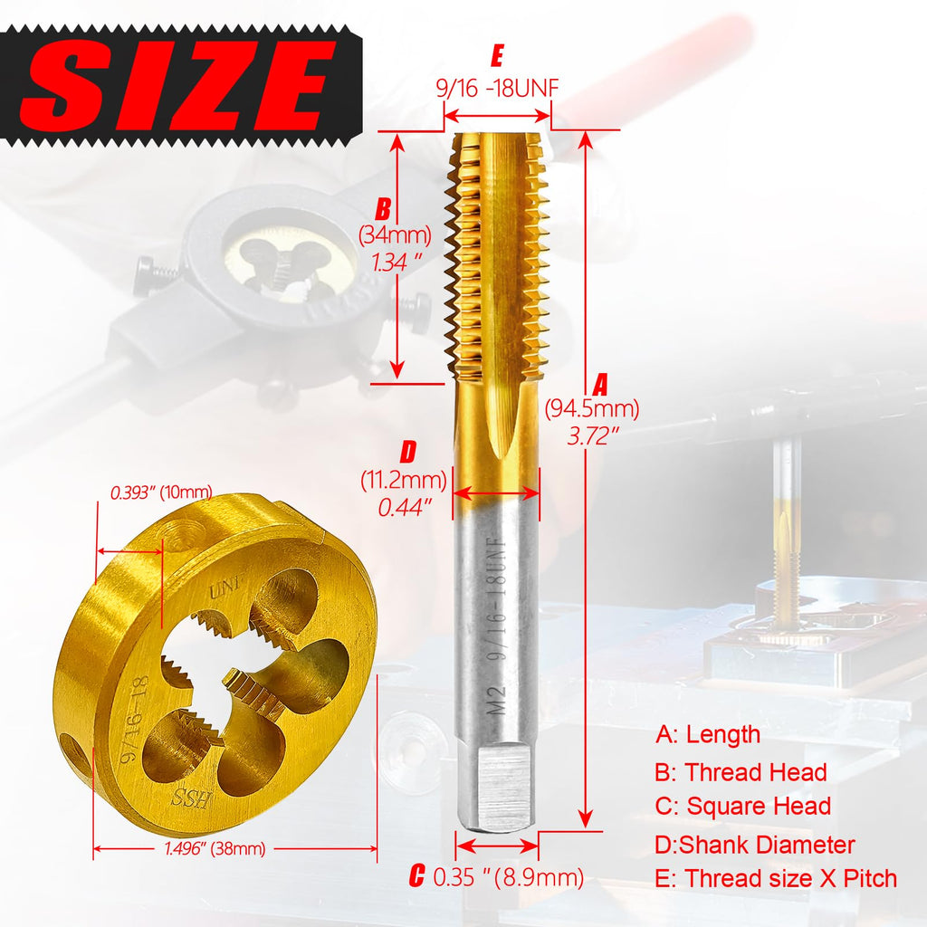 9/16-18 UNF Tap and Die Set for Metal,M2 HSS Thread Tap and Round Die