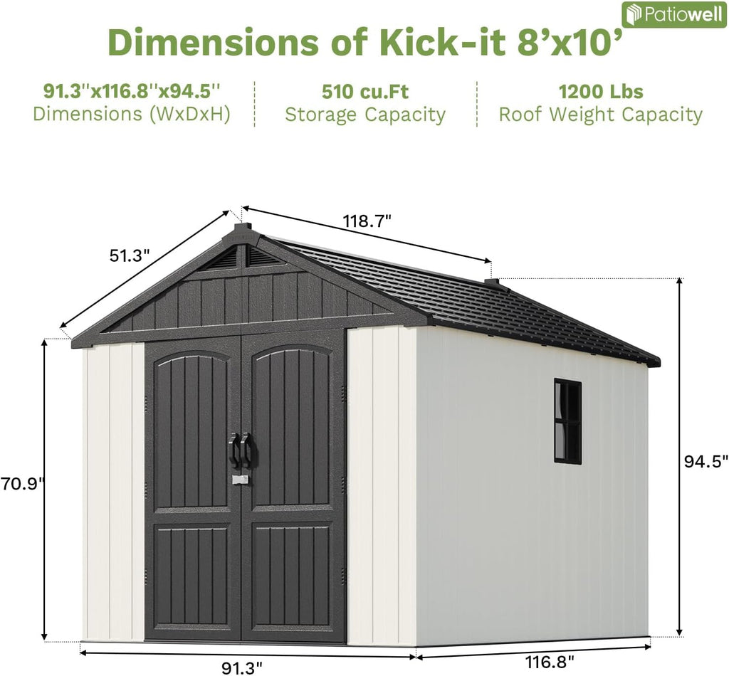 8x10 FT Resin Outdoor Storage Shed with Floor, Beige | Plastic Garden Tool Shed with Lockable Door & Two Windows