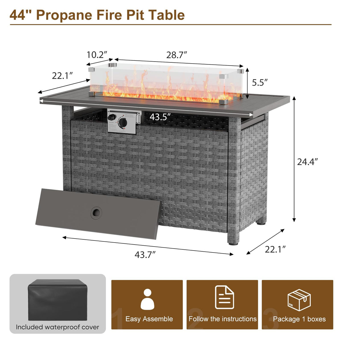 44" Fire Pit Table with Wind Guard for Outdoor, Auto-Ignition Propane Gas Firepits Rattan Rectangular Table for