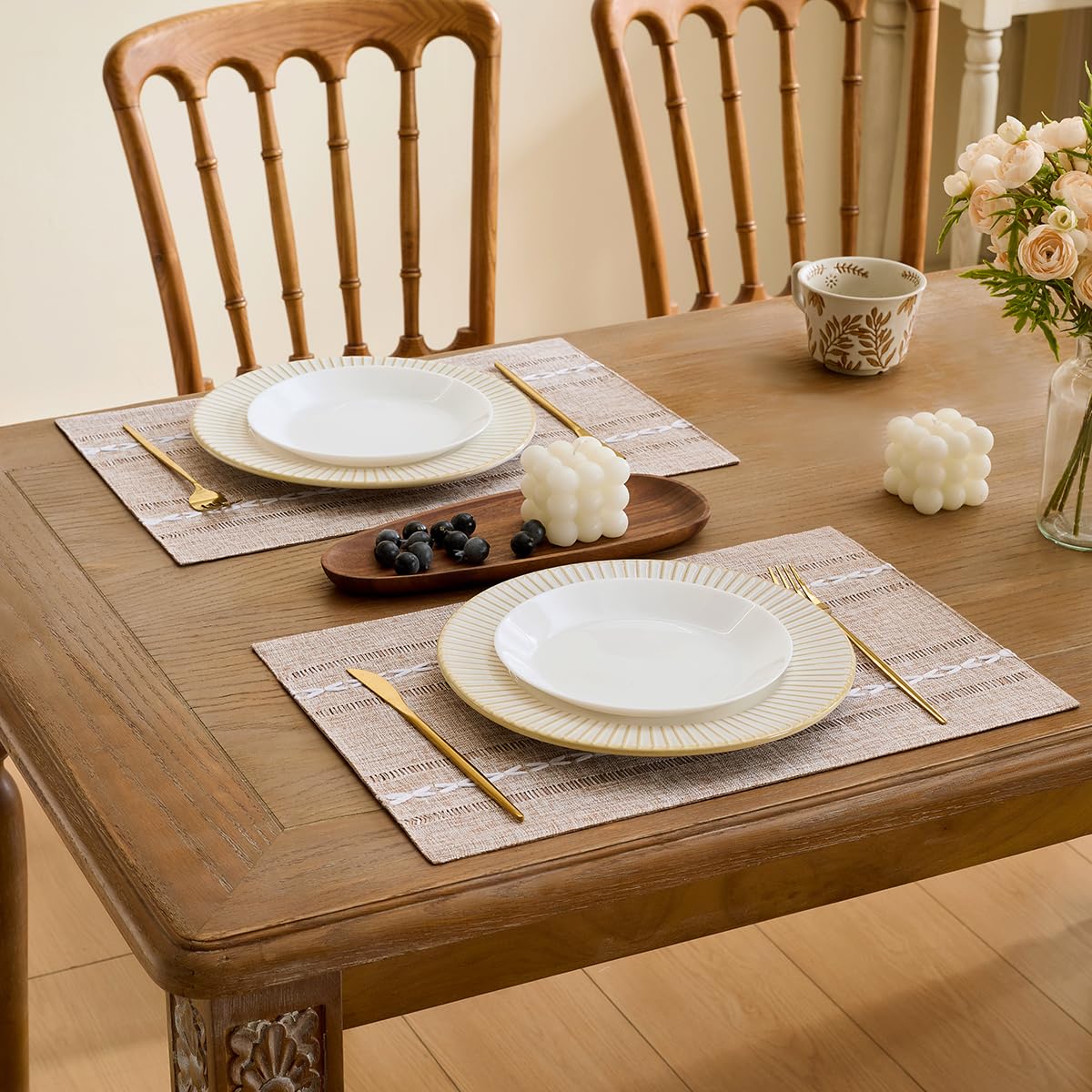 Cotton Linen Place Mats, Brown Embroidered Placemats Set of 6