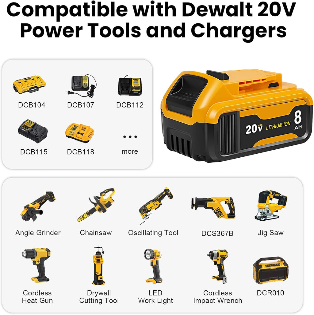 2Packs 8.0Ah Battery Replacement for Dewalt 20V MAX Battery,with DCB112 Charger Station