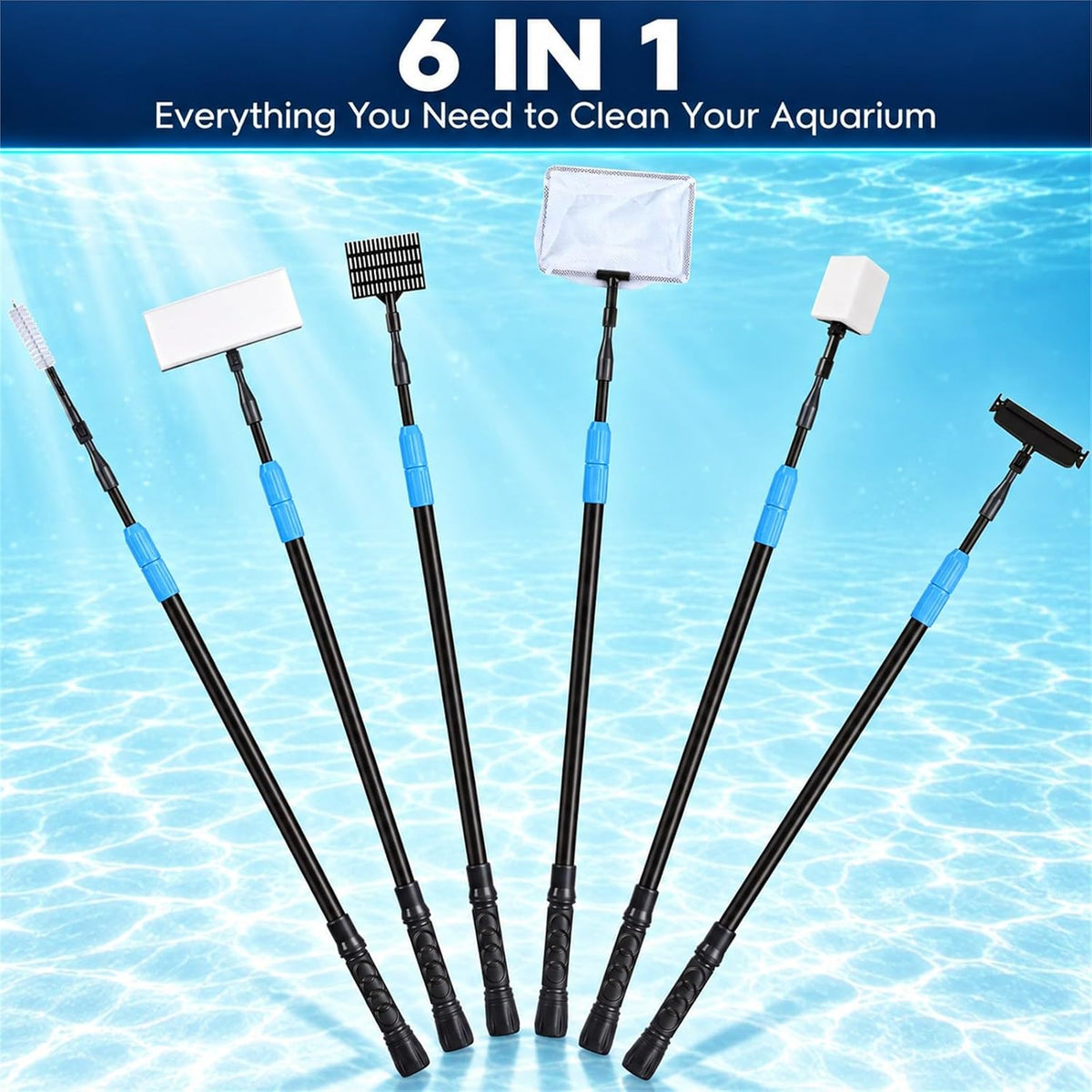 6 in 1 Aquarium Cleaning Tool Kit Fish Tank Cleaning Kit for 20-160 Gallon Tank with Telescopic Long Handle, Algae