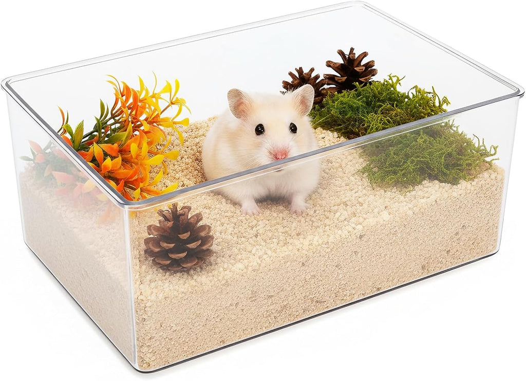 Hamster Sand Bath Box with Wood Cover, Rectangle Clear Hamster Digging Sand Container with Climbing Ladder