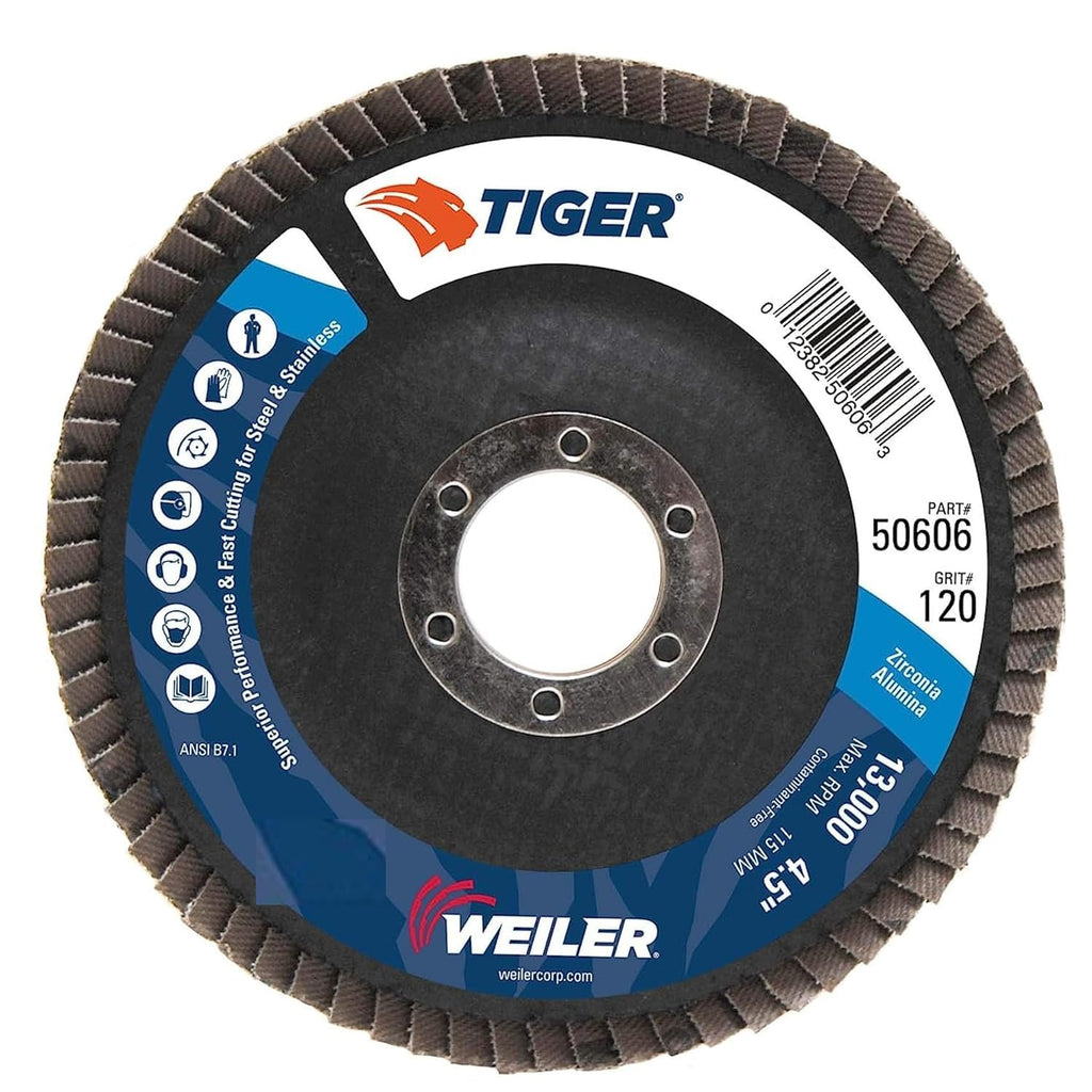 Weiler 50606 Tiger 7/8" Arbor, 4-1/2" Diameter, 120 Grit, Zirconium, Phenolic Backing, Angled Abrasive Flap Disc (Pack of 10)
