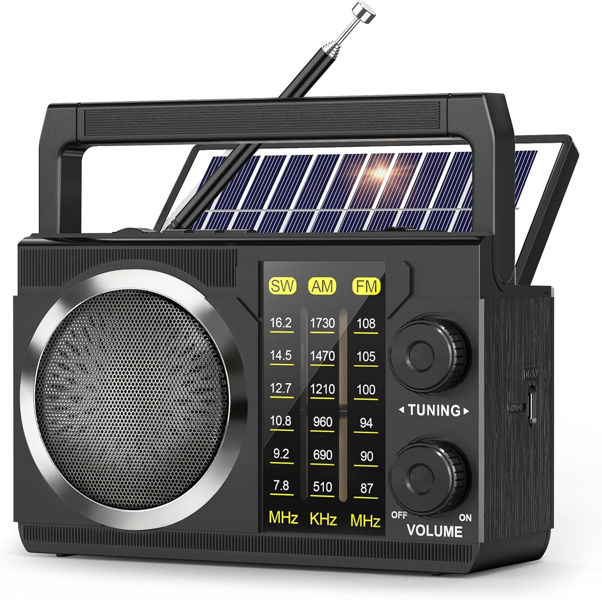 J-135 AM FM Radio Portable Bluetooth,Solar/AA Battery Operated | USB-C Emergency Radio with Flashlight,Transistor