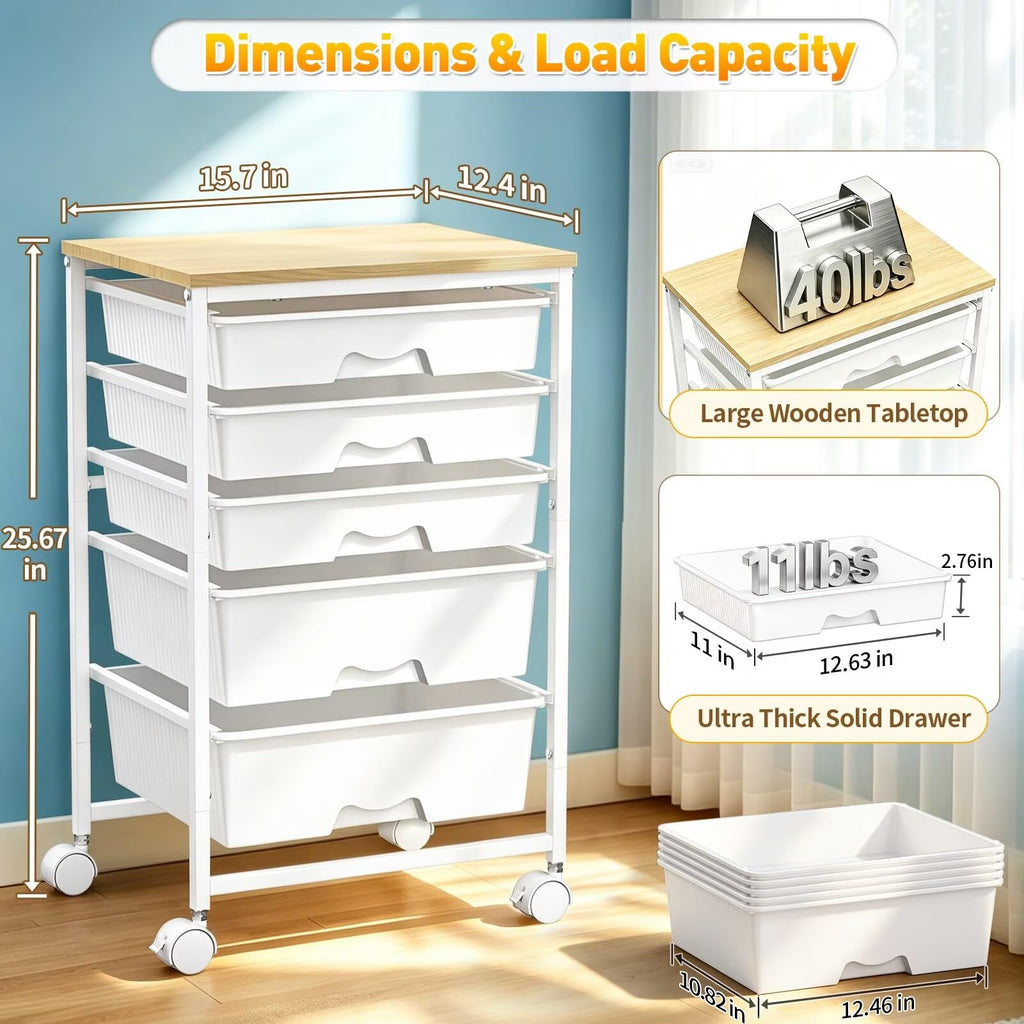 Rolling Carts With 5 Drawers, Storage Drawer Carts for Craft, White