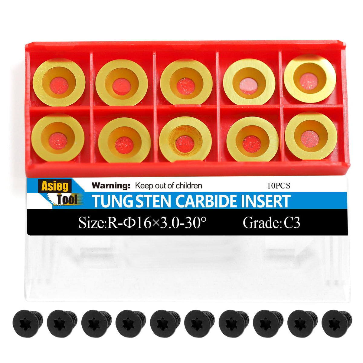Asieg Tool Ci0 16mm Round TIN Carbide Inserts Cutters Knifes Titanium plating Indexable Replacement with Screws Fits For Full Pro Size DIY Wood Turning Finisher Hollower Tools Woodworking Lathe 10pcs