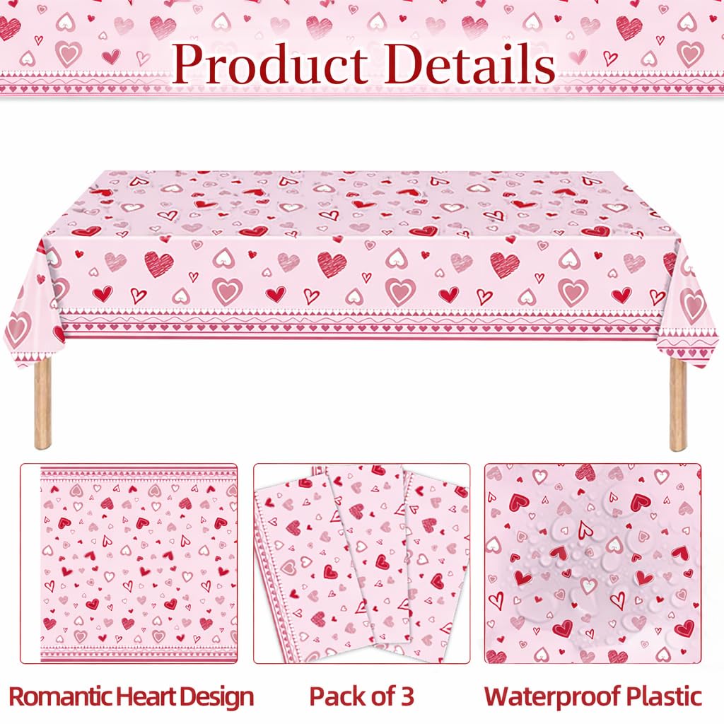 3 Pieces Valentine’s Day Hearts Plastic Tablecloth – 54x108 Inch Pink and Red Disposable Love Table Covers for