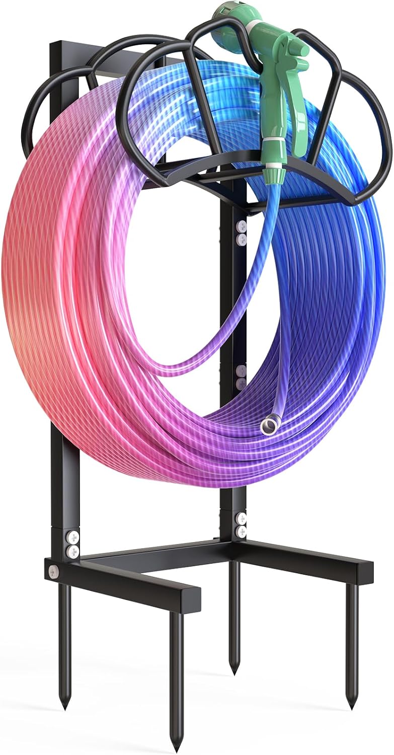Garden Hose Holder Holds 160ft, Rustproof Water Hose Storage, Black | Super Stable Water Hose Reels for Outside, Easy