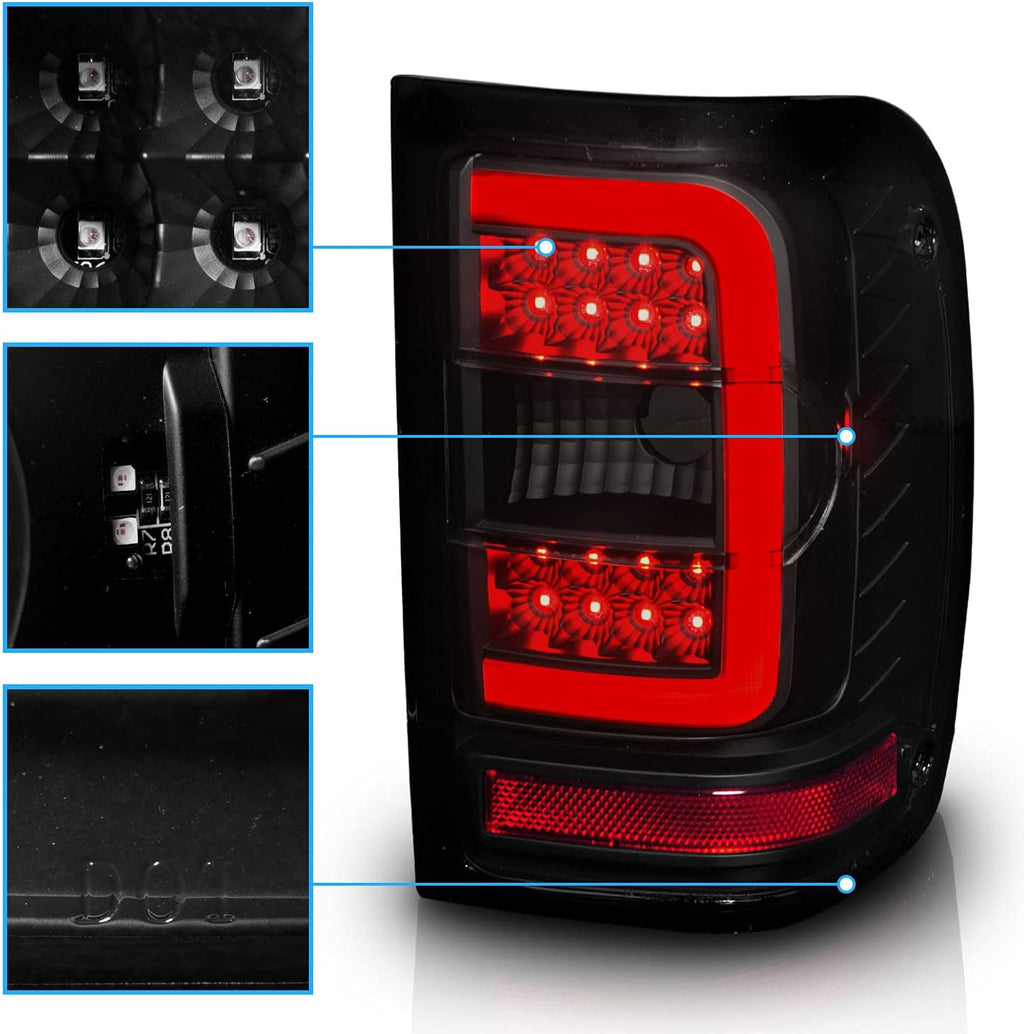 AmeriLite for 2001-2011 Ford Ranger C-Type LED Tube Dark Black Replacement Brake Tail Lights - Passenger and Driver Side