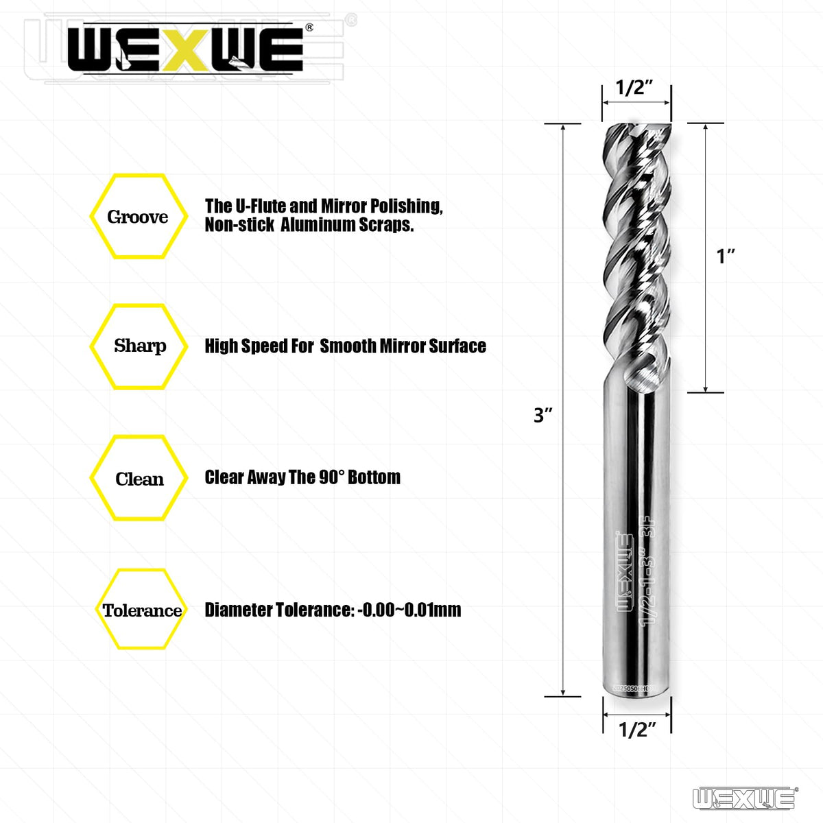 WEXWE Tools High Finishing Carbide End Mill for Aluminum or Copper Cutting, U-Type Design Square Milling Cutter, 3 Flute Mill Bits Sets 1/2 Shank (1/2-3" 1PCS)