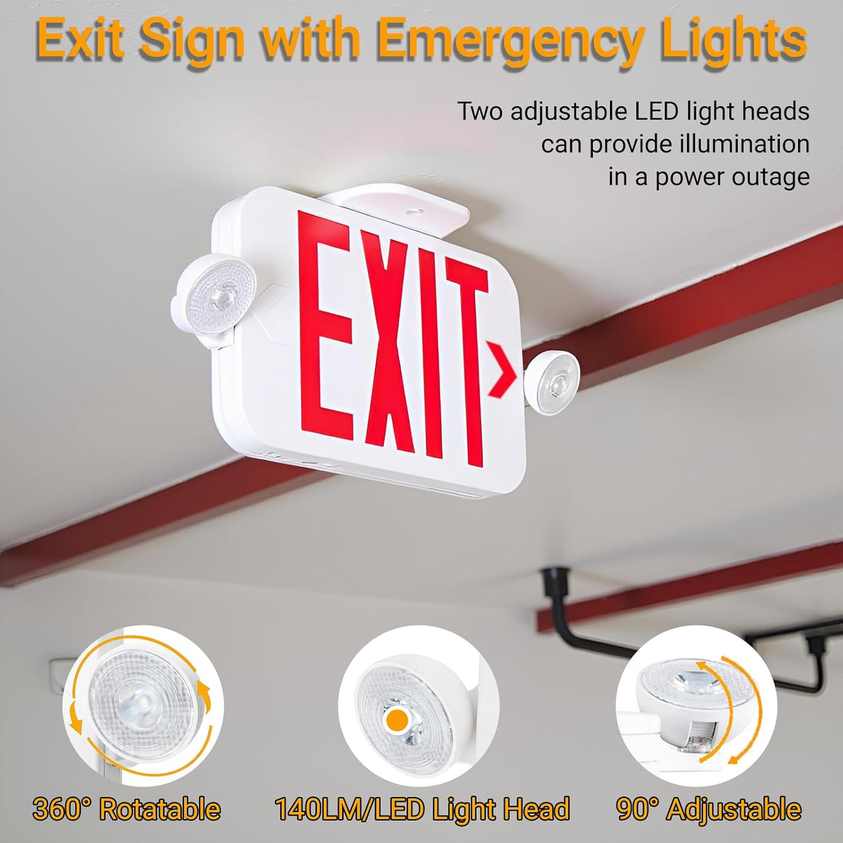 LIT-PaTH Exit Sign with Emergency Light, Battery Backup, 4 Pack