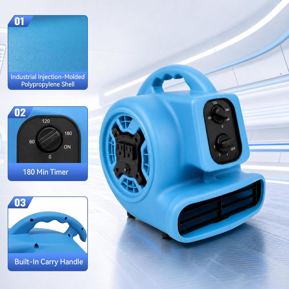 Air Mover 1/4 HP 1000 CFM, Portable Centrifugal Blower Fan, Floor Drying, Daisy Chain, Stackable, with Timer