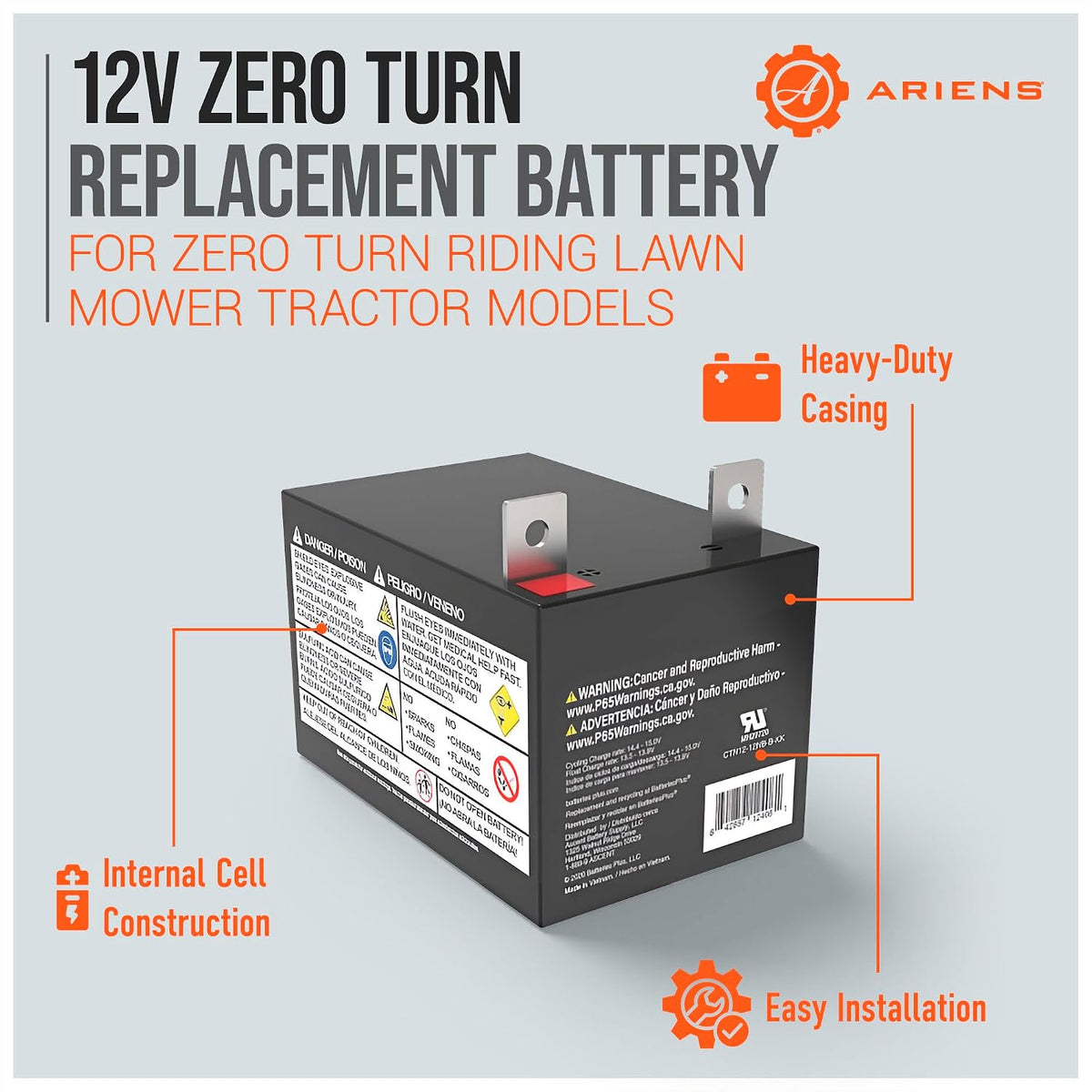 12 Volt Replacement Battery, Heavy-Duty Electrical Starting Battery Parts for Edge, IKON, Gravely ZT X, and ZT XL