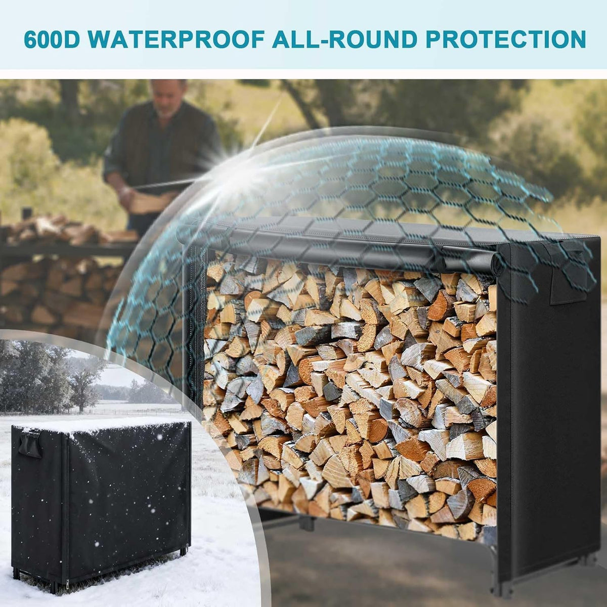 4/6/8/10/12ft Waterproof Log Rack Cover, Heavy Duty 600D Oxford Outdoor Firewood Storage Cover with Zipper and